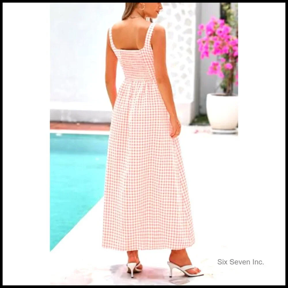 Plaid Maxi Sundress Square Neck Spaghetti Strap A-Line Smocked Back Pockets - Picture 2 of 7